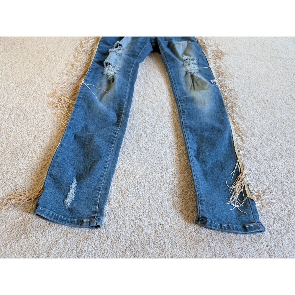 Mundefeis Womens Denim Fringe Boho Jeans XL Blue Distressed Straight Leg - Picture 2 of 14